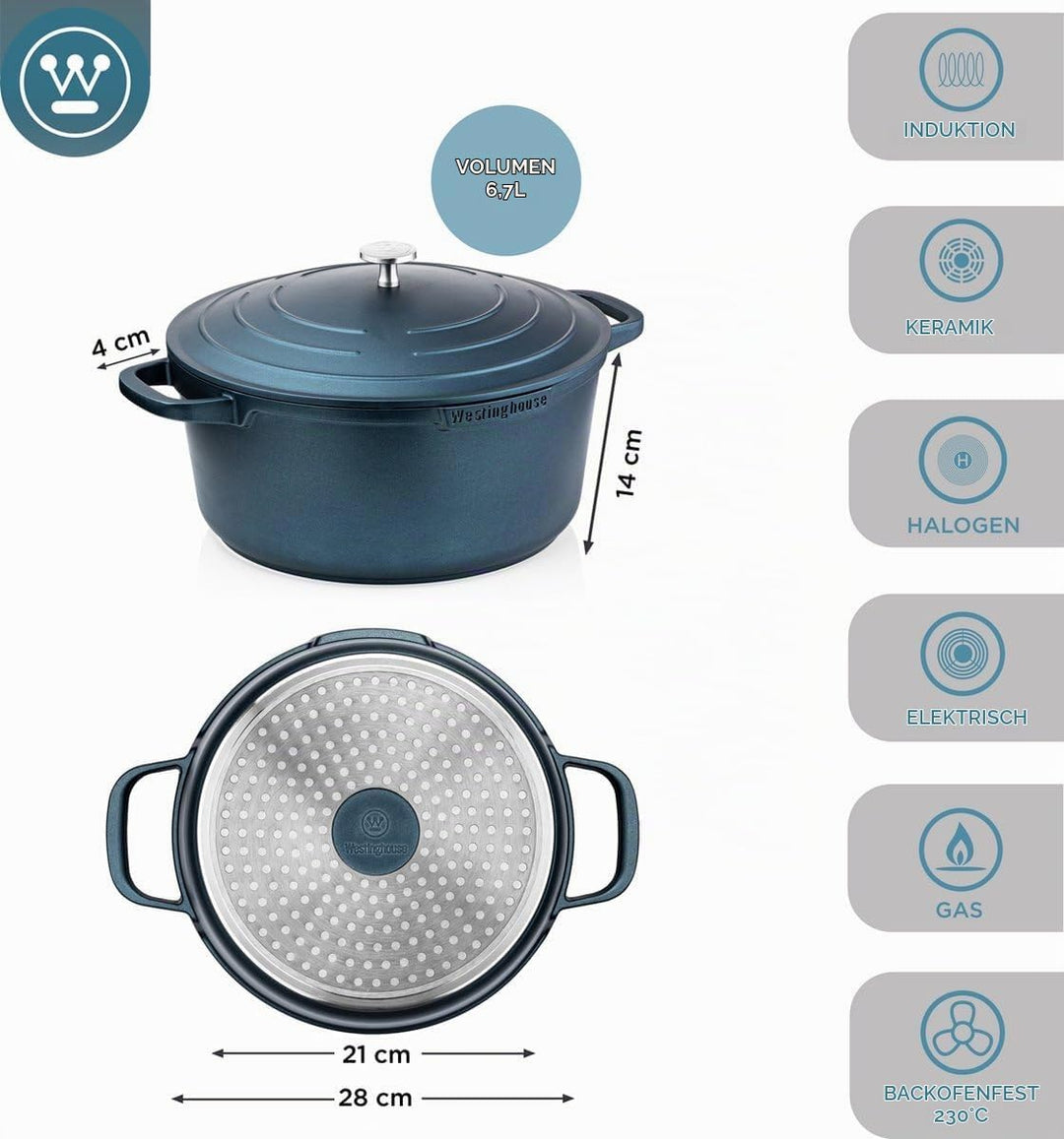 Westinghouse PERFORMANCE SERIES Kochtopf gross, 28cm grosser Kochtopf für Induktion &amp; alle Herdarten