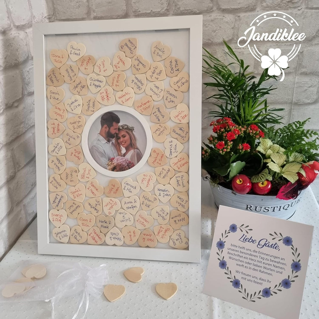 Jandiklee Gästebuch Holzrahmen inkl. Herzen aus Holz für Hochzeit, Taufe, Geburtstag (Fotorahmen run