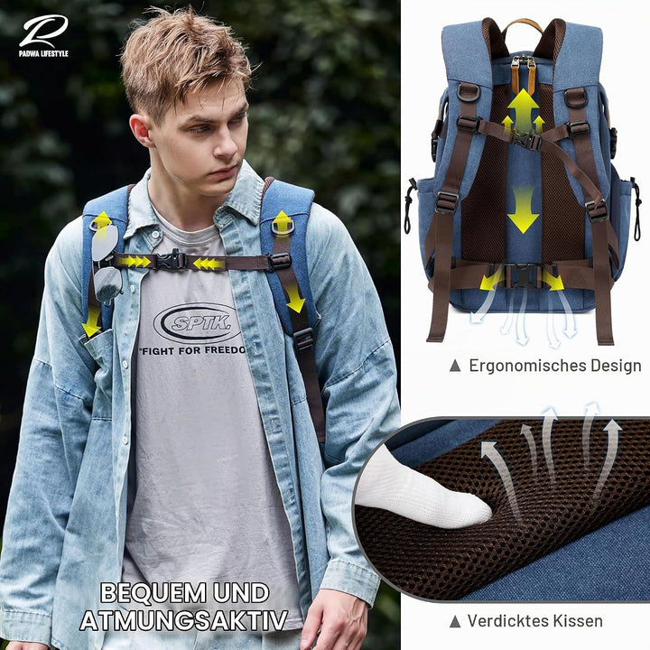 Padwa Lifestyle Kamerarucksack - Gewachstem Memory Canvas Kamerarucksack mit 16“ Laptop-/Objektivfac