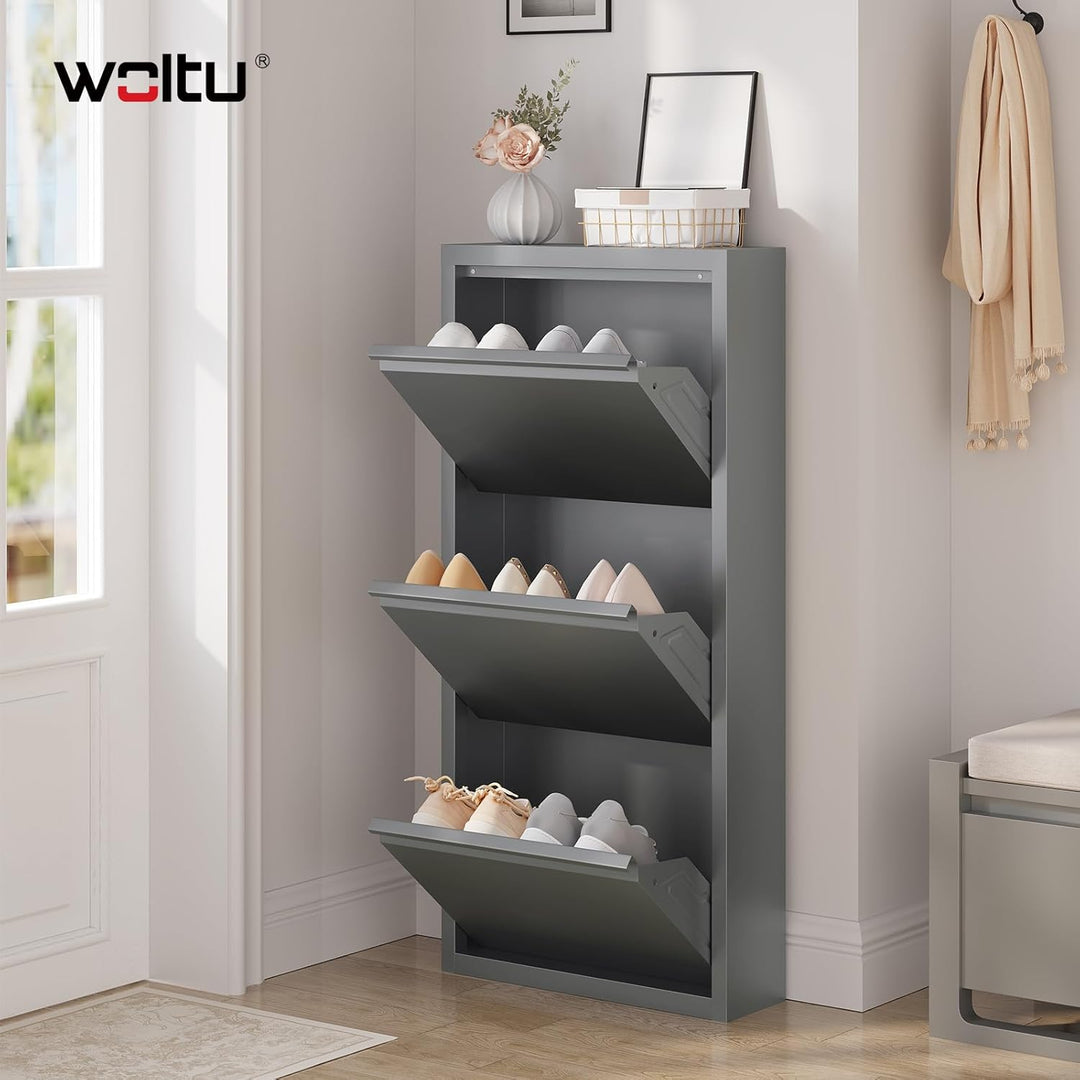 WOLTU Schuhschrank, mit 3 Klappen, Schuhregal, Schuhkipper, für 9 Paar Schuhe, aus Metall, für Flur