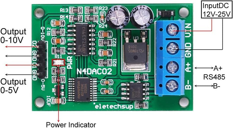 2-Kanal N4DAC02 DC 12V RS485-zu-DAC Digital-Analog-Umwandlungsmodul, RS485-zu-0-5-V /0-10-V Spannung