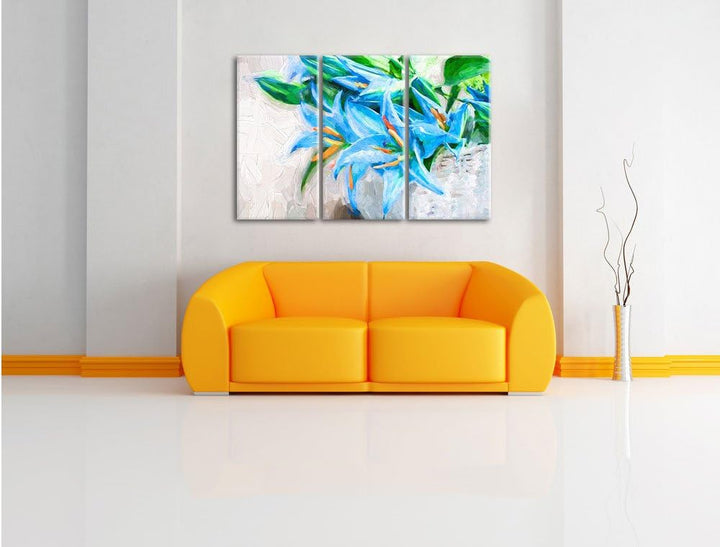 Pixxprint Blaue Blumen im Körbchen als Leinwandbild/Grösse: 3 Teilig (120x80 cm) cm/Wandbild/Kunstdr