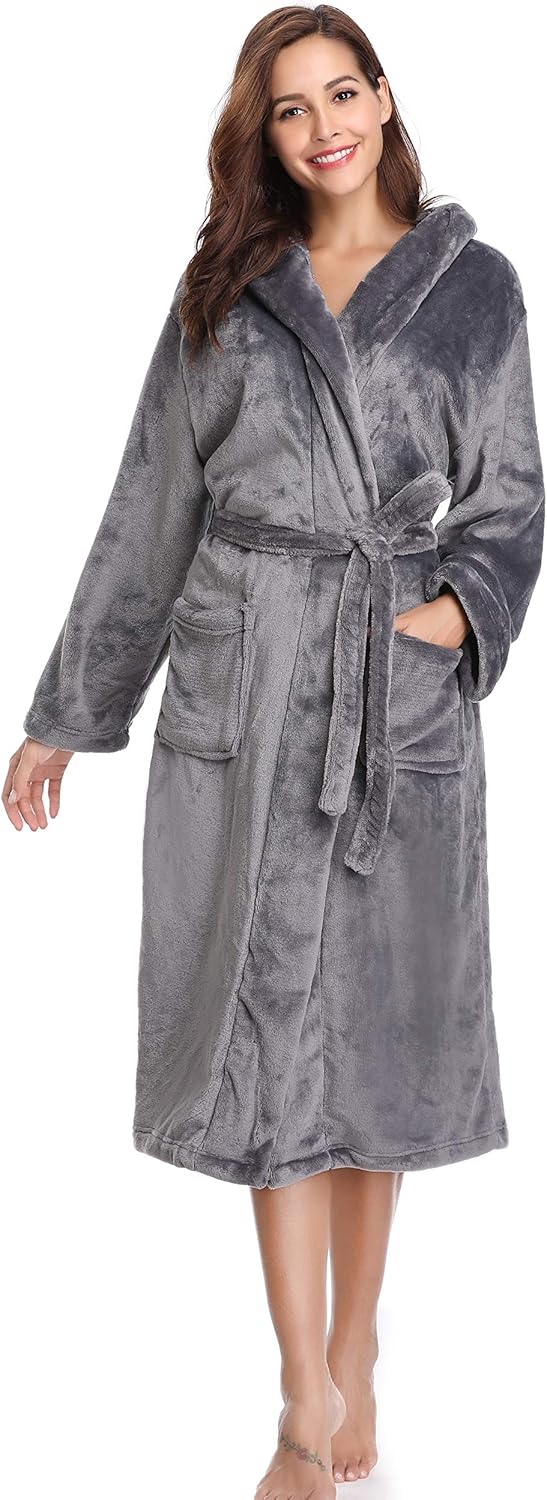 Vlazom Winter Bademantel weicher Flanell Bademantel Damen Saunamantel mit Kapuze Flauschiger Morgenm