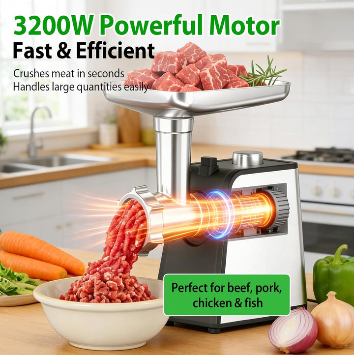 Elektrischer Fleischwolf 3 in 1 mit Wurstfüller, 3200W Fleischwolf Edelstahl, Wurstmacher mit 3 Wurs
