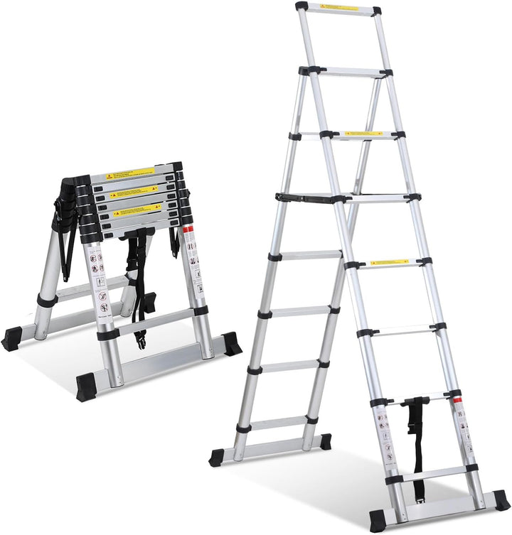 Fiqops 2+2.3M Klappleiter Teleskopleiter, A-Rahmen 6+7 Sprossen Aluminiumleiter, Rutschfester Alulei