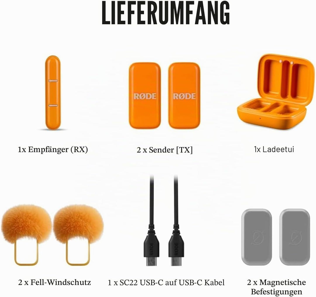 Rode Wireless Micro Drahtloses Mikrofon-System USB-C für Smartphones Orange mit keepdrum Mikrofasert