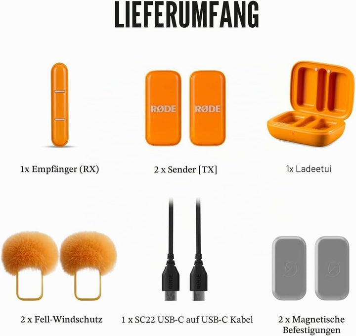 Rode Wireless Micro Drahtloses Mikrofon-System USB-C für Smartphones Orange mit keepdrum Mikrofasert