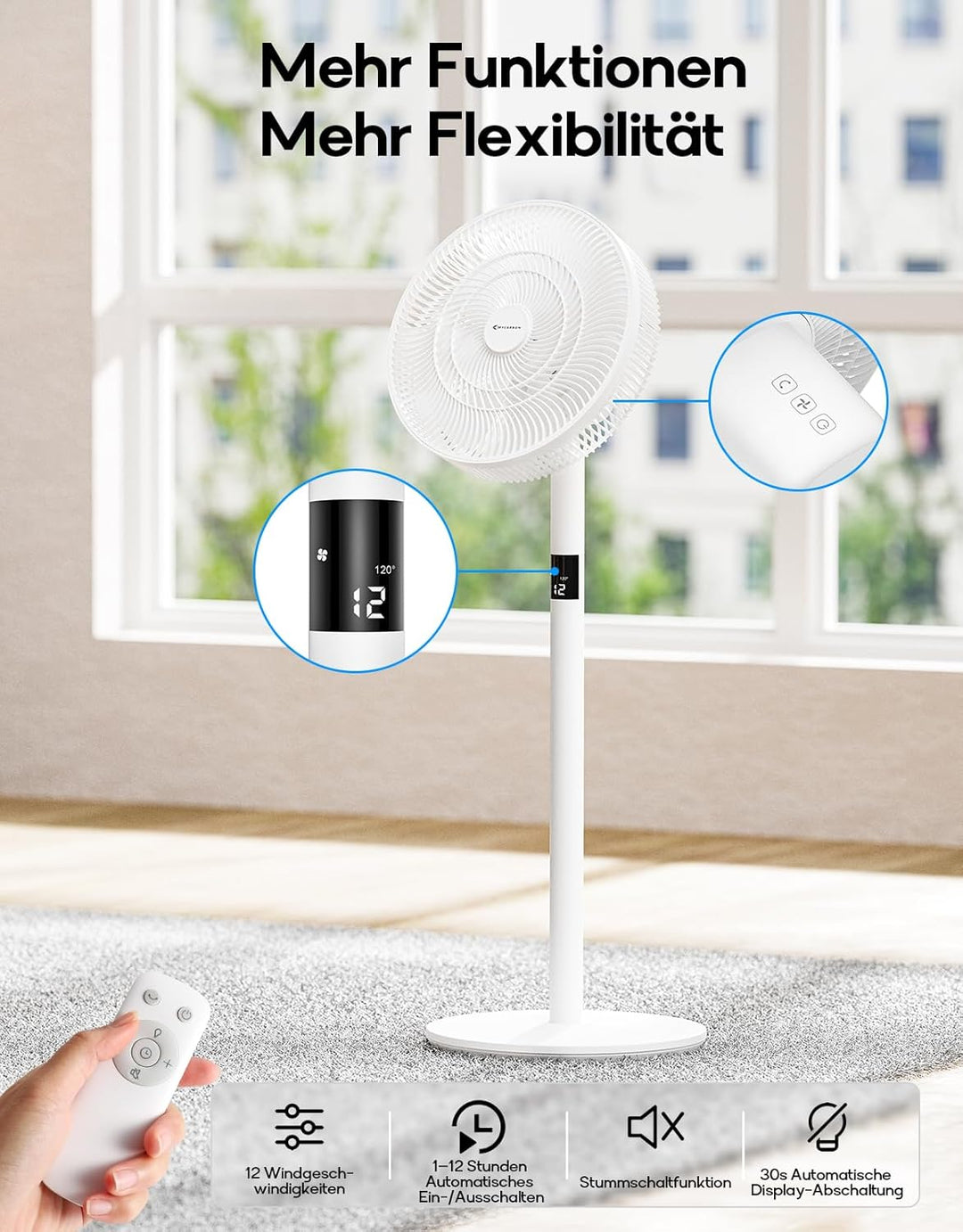 MYCARBON Standventilator sehr leise DC Motor 20dB 6.1 m/s LED Anzeige 12 Stufe Ventilator mit Fernbe