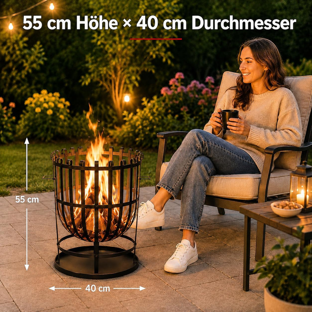 Robuster Feuerkorb Feuerstelle Eisen 55x40 cm Feuerschale mit Bodenplatte Ideal für Lagerfeuer, Gart