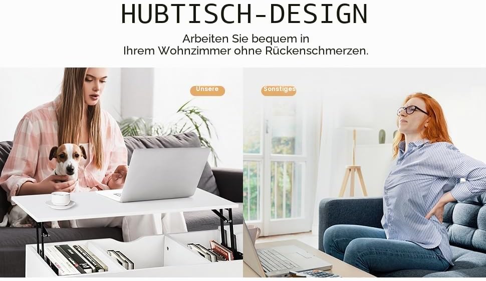 VOWNER Couchtisch, Ausziehbarer Höhenverstellbarer Couchtisch, Wohnzimmertisch, Stabiler Lift-Top-Ti