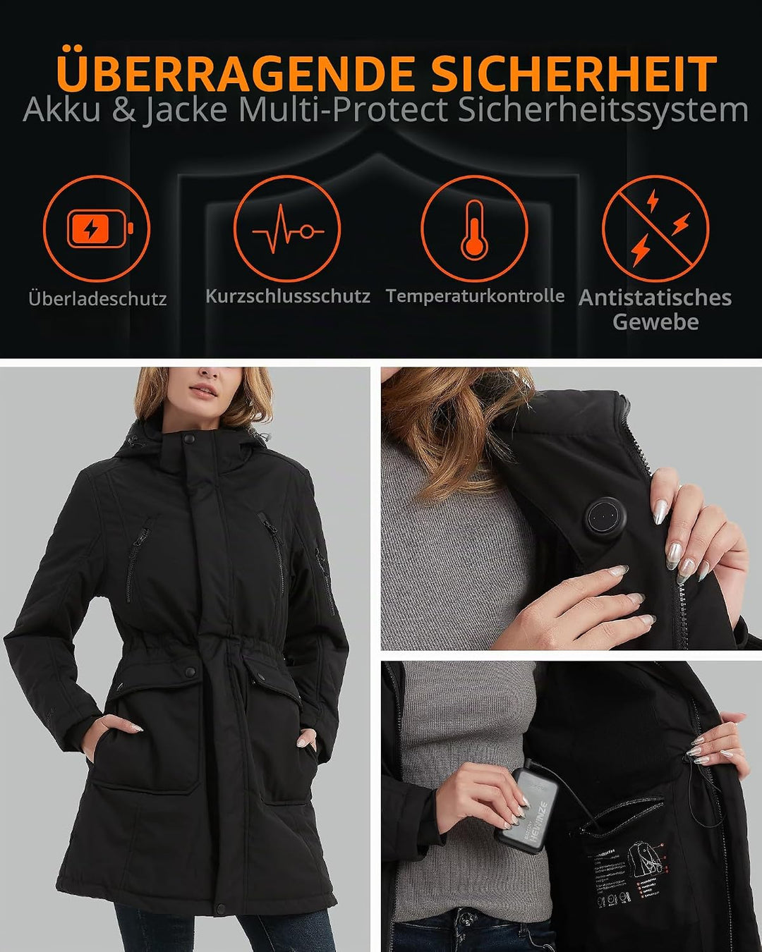 HEWINZE Beheizter Puffermantel mit Kapuze für Damen – Elektrische Dual-Control-Heizjacke mit 7,4-V-A