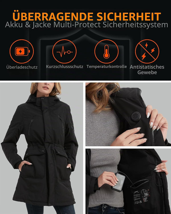 HEWINZE Beheizter Puffermantel mit Kapuze für Damen – Elektrische Dual-Control-Heizjacke mit 7,4-V-A
