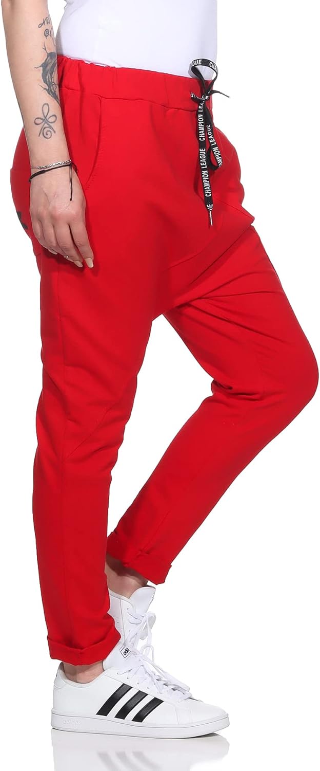 Damen Baumwoll Freizeithose Baggy Boyfriend Style Jogger Ladies Pants mit elastischem Bund 36-40 Rot