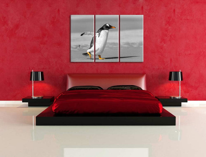watschelnder Pinguin am Strand schwarz/weiss 3-Teiler Leinwandbild 120x80 Bild auf Leinwand, XXL rie