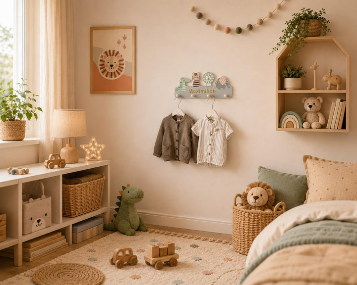Garderobe mit Wunschname inkl. DIN A4 Poster - Personalisierte Kindergarderobe mit 4 Kleiderhaken fü