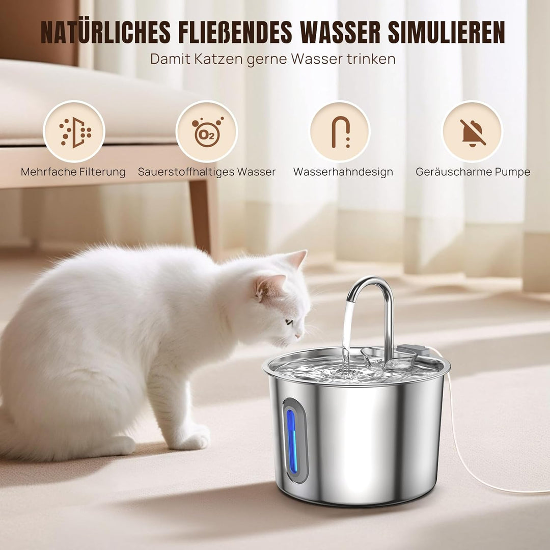 2.2L Edelstahl Trinkbrunnen Katzenbrunnen für Katze und Hunde Leise Trinkbrunnen mit 3-Stufen Filter