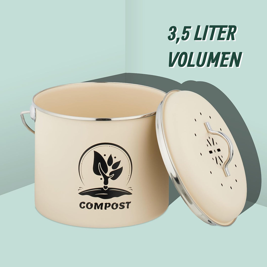 Relaxdays Komposteimer Küche, 3,5 Liter, 2 Aktivkohlefilter, mit Deckel, Henkel, Eisen, runder Biomü