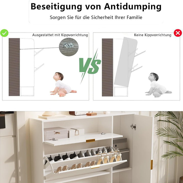 2er Set Schuhschrank mit 2 Klappen und 2 Türen, Weiss Schuhregal Schuhkipper Schmal, Anti-Kipp-Vorri