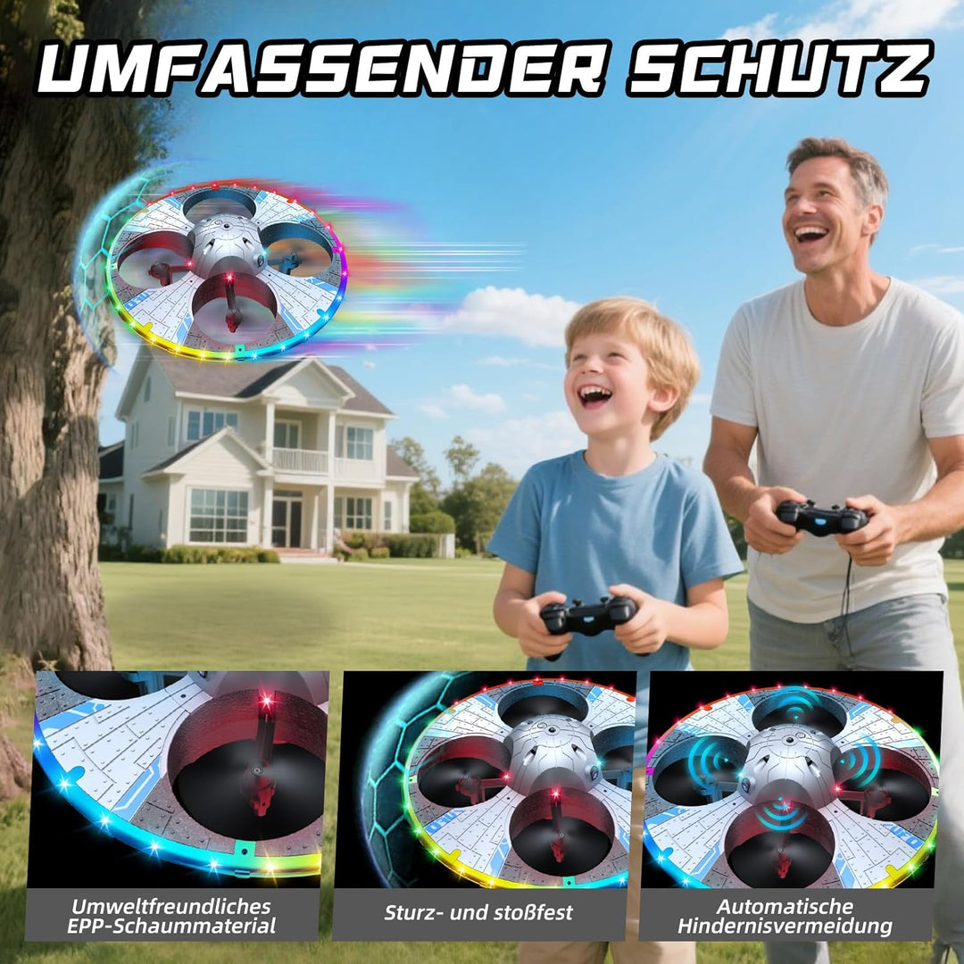 UFO Drohne mit Kamera, Drohne für Kinder und Anfänger mit Bunten LED-Lichtern, Kinder Quadrocopter F