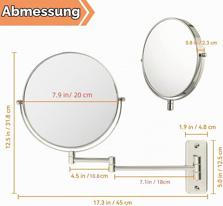 Badspiegel Vergrösserung Wandmontage 8 Zoll (20 cm), 1X/10X Vergrösserungsspiegel doppelseitig, schw