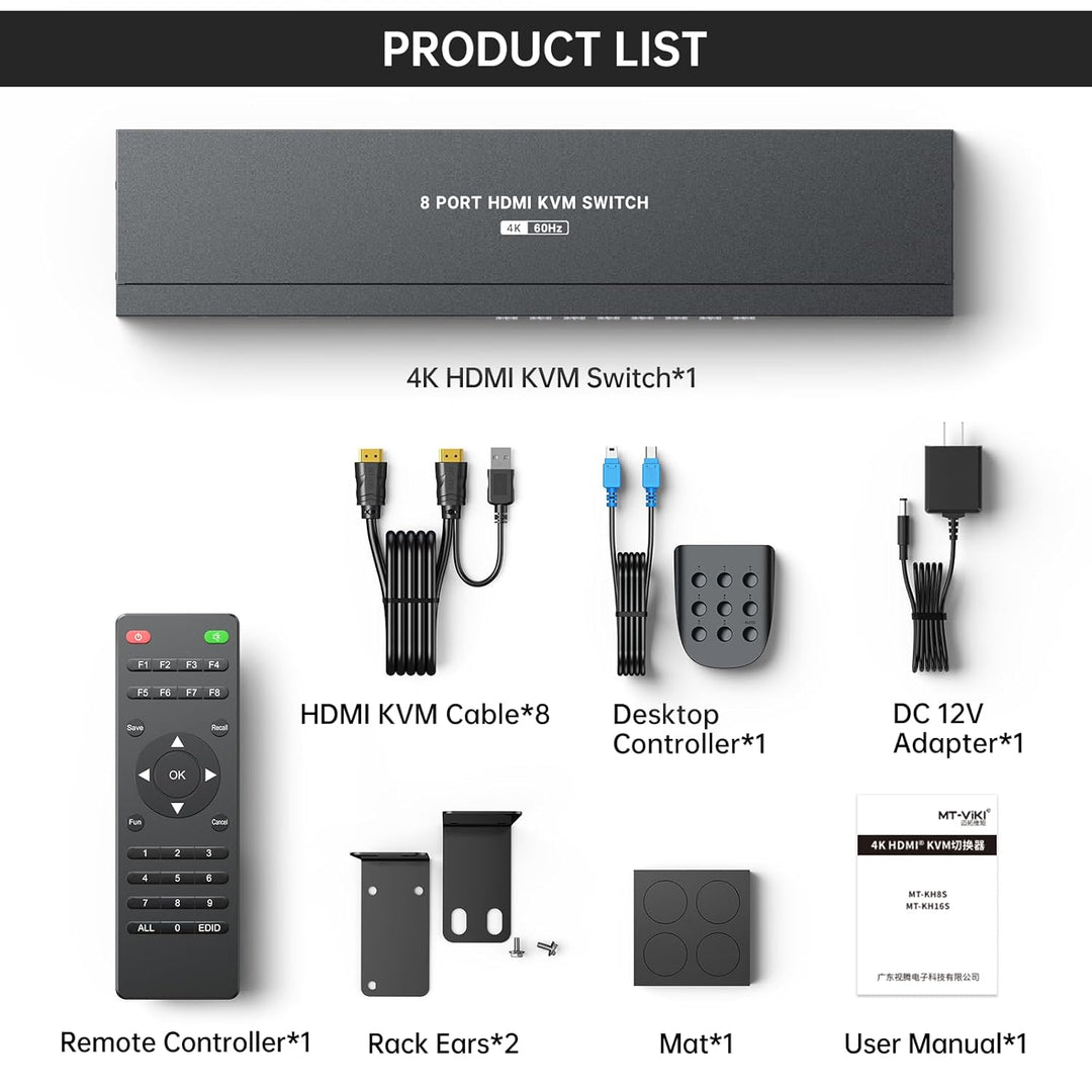 MT-VIKI 4K@60Hz HDMI KVM Switch 8 Port mit 8 Kabeln & 3,5mm Audio 19'' 1U Rackmount-KVM-Switch mit 4