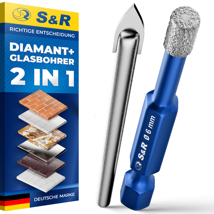 S&R Professional 2-tlg Set 6 mm Diamantbohrer, Diamant Fliesenbohrer und Karbid Glasbohrer, Keramikb