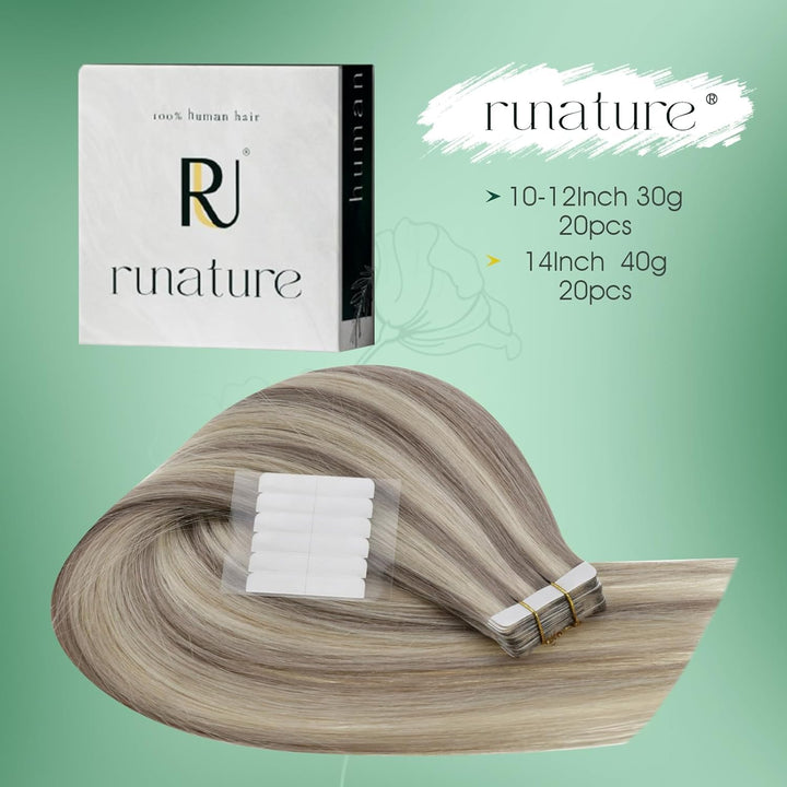 RUNATURE Tape in Extensions Echthaar 50cm 50g 20pcs Extension Echthaar Tapes Seamless Aschblond mit