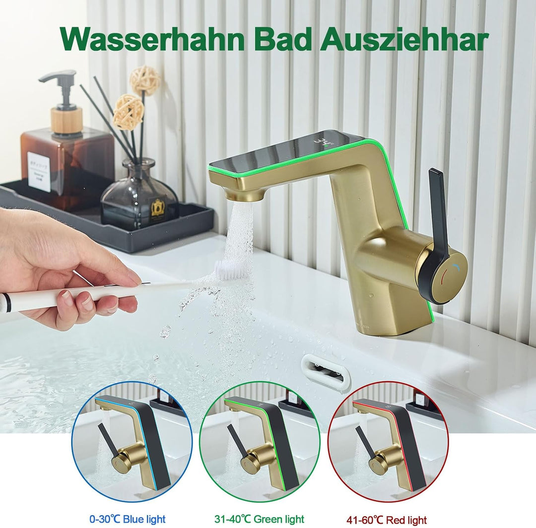 Wasserhahn Bad mit LED-Temperaturanzeige Badarmatur,Waschtischarmatur aus Messing Einhebelmischer Ba