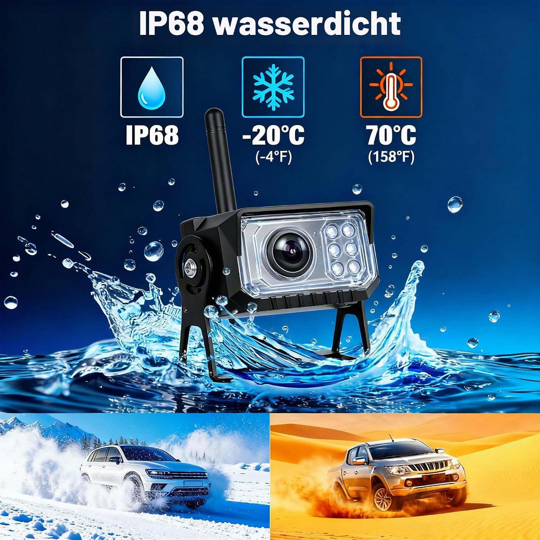 SIXWIN Kabelloses Rückfahrkamera-Set, 7 Zoll Touchscreen Monitor mit 1 IP68 Kabelloser Rückfahrkamer