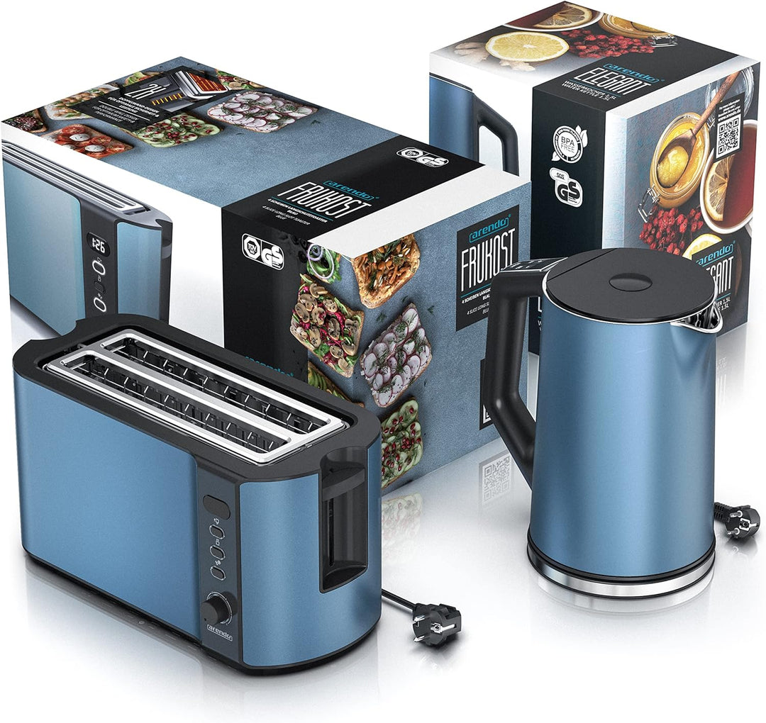Arendo - Wasserkocher und Toaster SET Edelstahl Blau, Wasserkocher 1,5L, 40° - 100°C Warmhaltefunkti