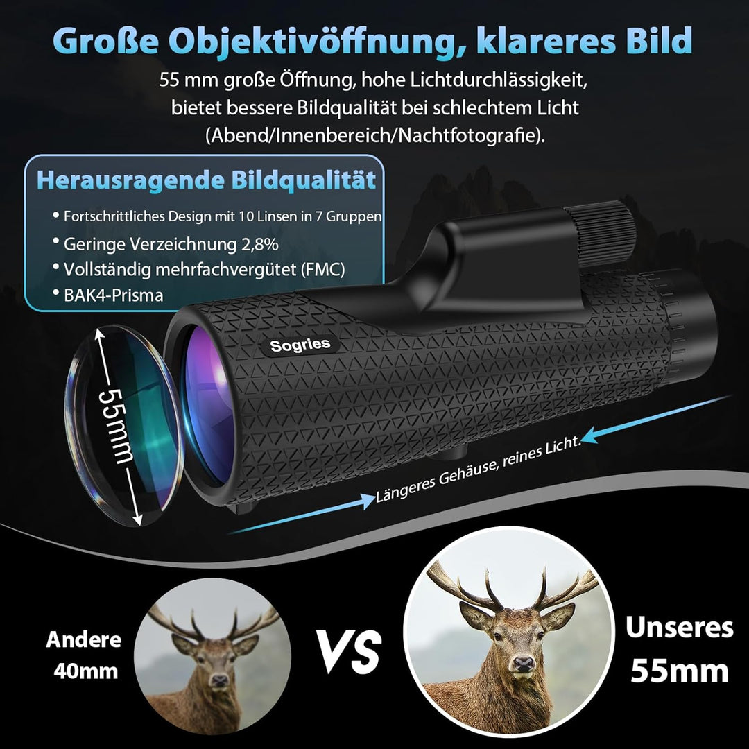 Sogries 15x55 Monokular Fernglas HD mit BAK4 Prisma & FMC Linse, Spritzwassergeschütztes Fernrohr in