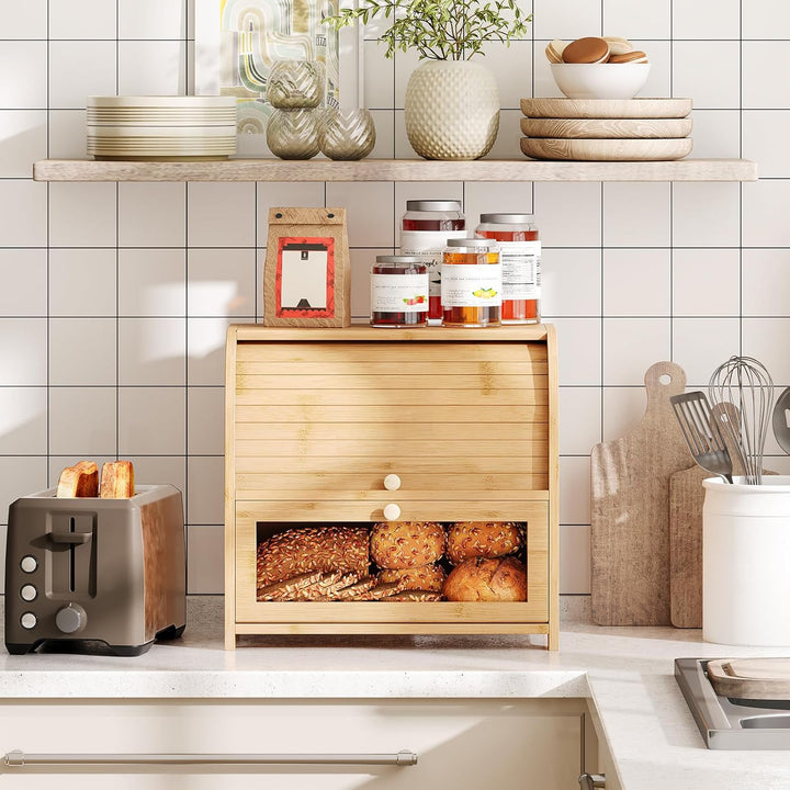 HOOBRO Brotkasten Bambus, 2-stöckiger Brotkorb, Brotbox, Brotaufbewahrung mit Rolldeckel und Vitrine