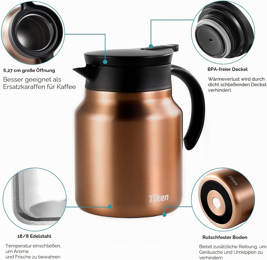Tiken 1L Thermoskanne aus Doppelwandingem Edelstahl Isolierkanne Kaffeekanne mit Quick Tip Verschlus