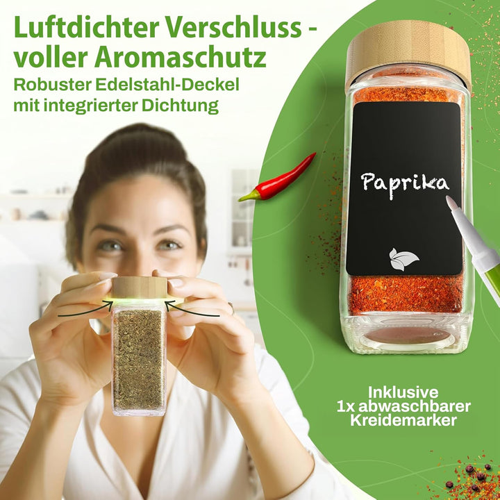 LAEVU Gewürzgläser Set Eckig | 24 Stk. 120ml - 11,1 x 4,5 cm | Gewürzstreuer Bambus mit 350 Gewürzet