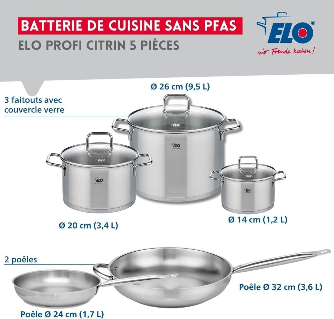 ELO 9506950 Kochgeschirr-Set, 5-teilig, 2 Bratpfannen 24 und 32 cm und 3 Kochtöpfe 14, 20 und 26 cm