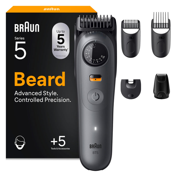 Braun Barttrimmer Series 5, Elektrischer Bartschneider Herren mit 5 Zubehörteile, Ultrascharfe Kling