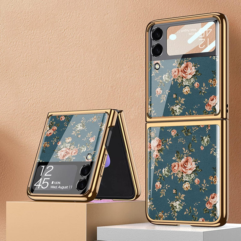 COQUE Galaxy Z Flip 3 5G Hülle,9H gehärtetes Glas Glänzend farbige Blumen Handyhülle, klappbare Hand