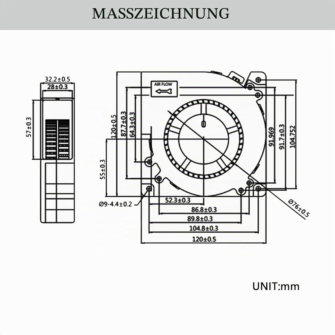Kollektorloses Turbo-DC-Gebläse 12032, 12 V, 0,7 A, 120 x 120 x 32 mm