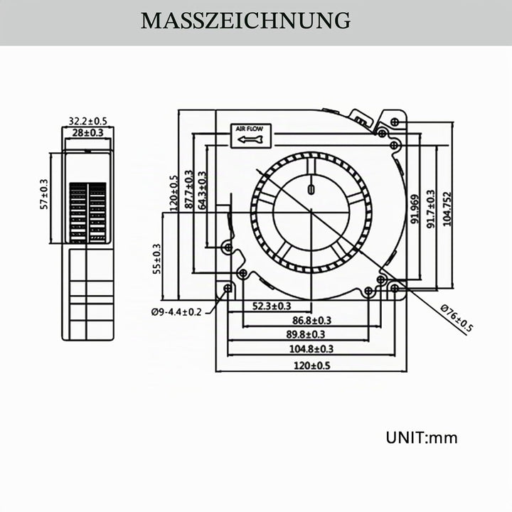 Kollektorloses Turbo-DC-Gebläse 12032, 12 V, 0,7 A, 120 x 120 x 32 mm