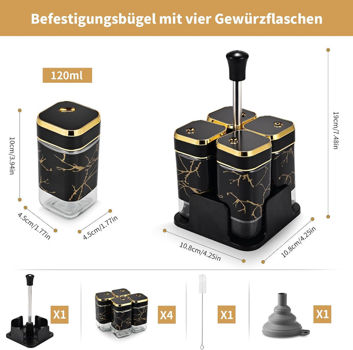 Miorkly Gewürzgläser Eckig - 4er Set mit Sockel,120ML Gewürzstreuer Set mit Schwarz Drehdeckel,Hochw