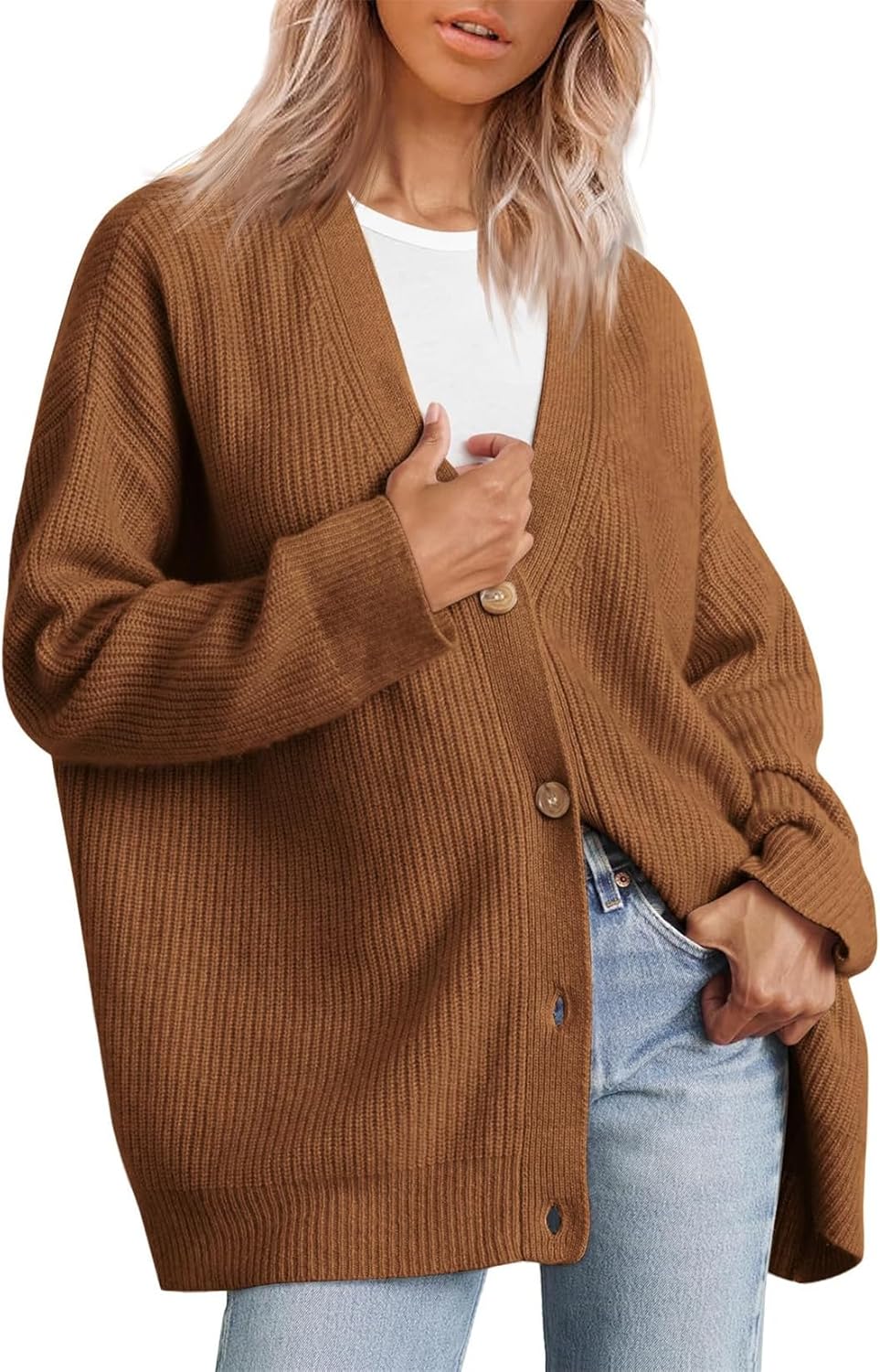 Damen Strickjacke Strick Outwear V-Ausschnitt Vorne Offen Leicht Lockere Pullover mit Knöpfen L Brau