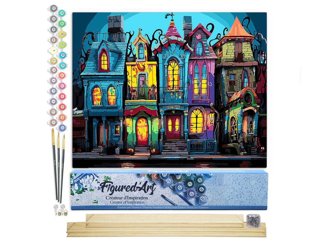 Figured'Art Malen Nach Zahlen Erwachsene Mit Rahmen Bunte Gotische Häuser - Paint by Numbers Basteln