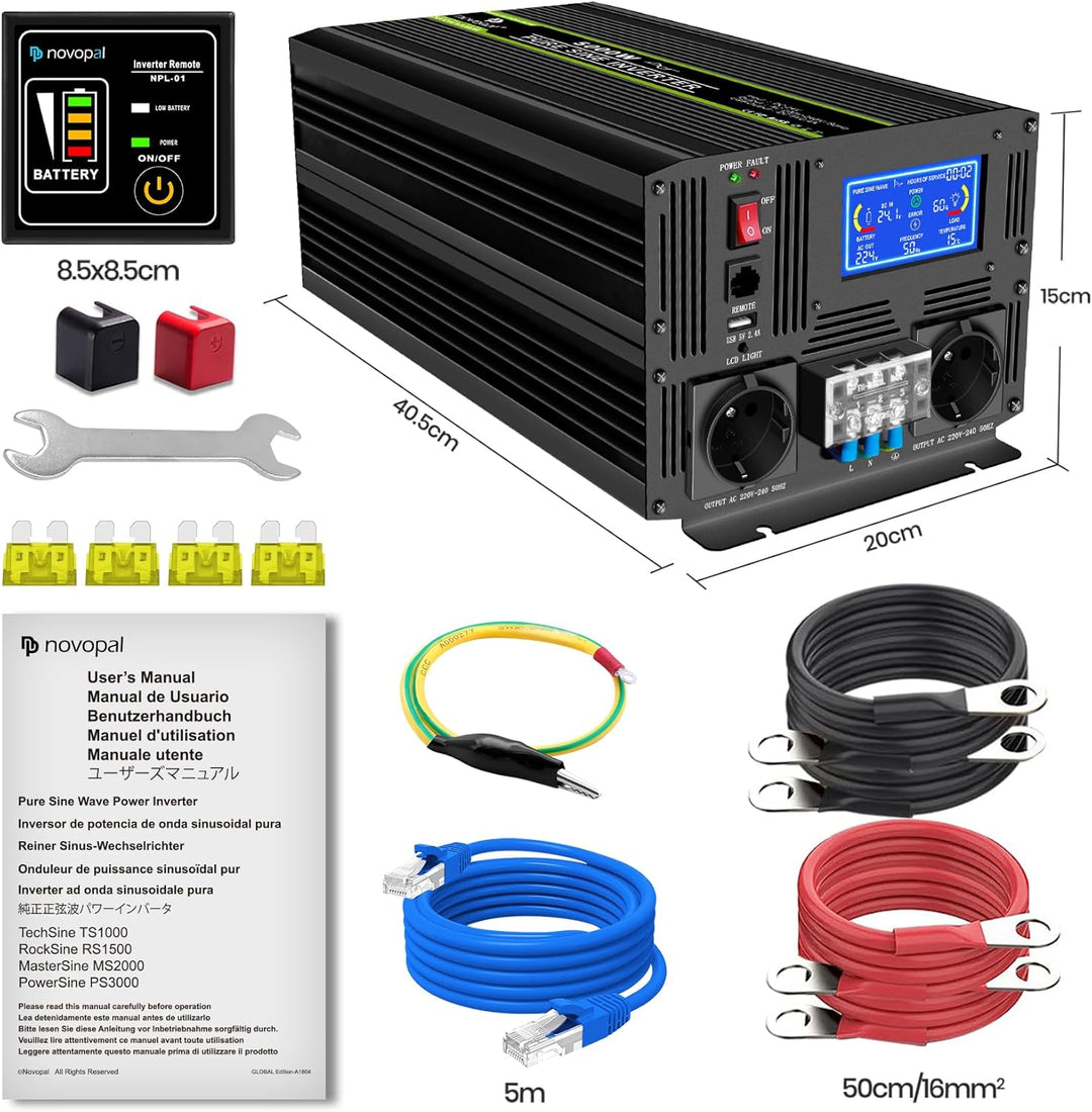 NOVOPAL 5000W KFZ Reiner Sinus Wechselrichter Spannungswandler 24V 230V mit LCD Display und 2 EU Ste