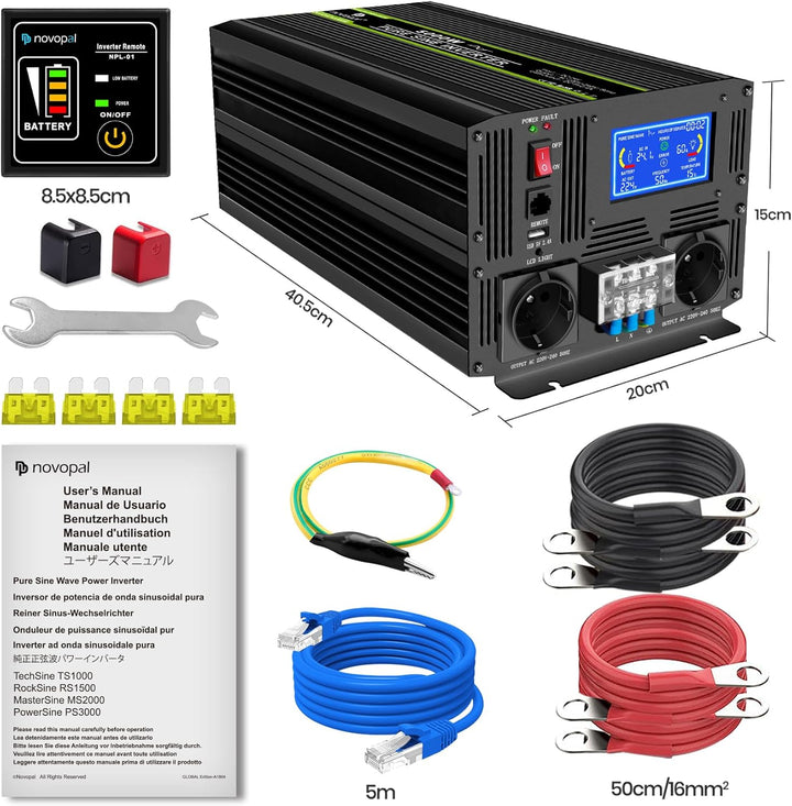 NOVOPAL 5000W KFZ Reiner Sinus Wechselrichter Spannungswandler 24V 230V mit LCD Display und 2 EU Ste