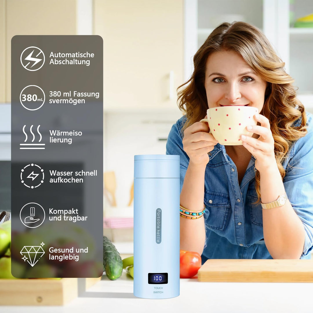Reise Wasserkocher Klein, Elektrische Wassertasse,220V 300W Schnellkoch-Teekanne-Heizbecher mit Temp