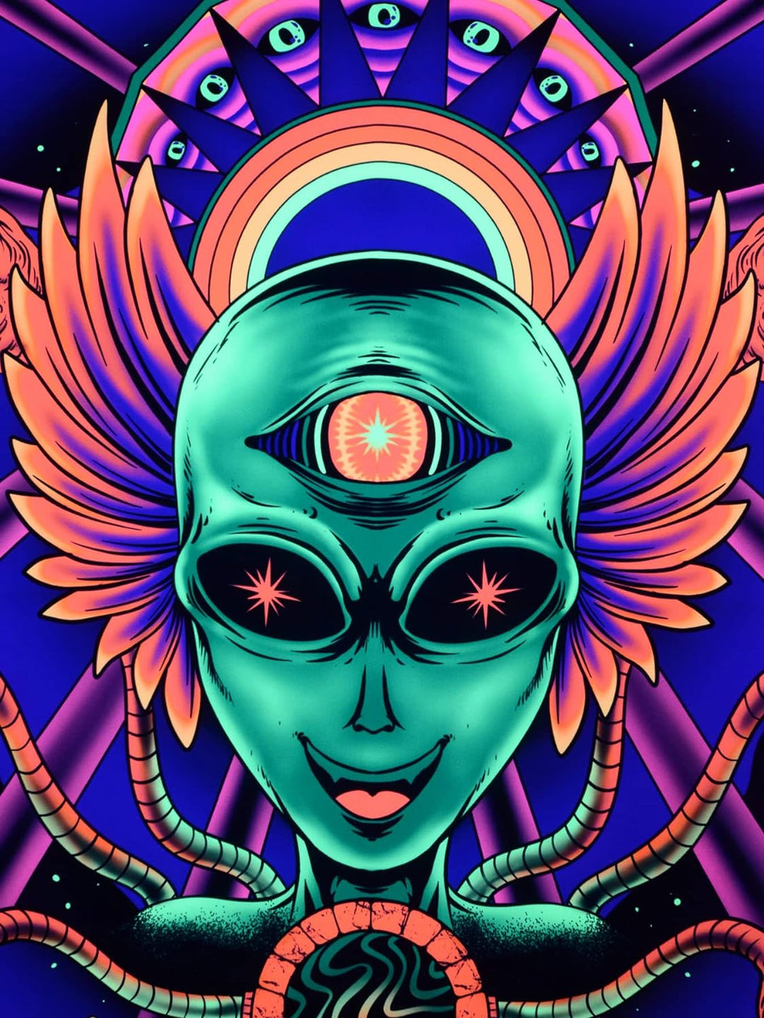 PSYWORK Schwarzlicht Stoffposter Neon | Alien Godness | 1,0 x 1,5m | UV-aktiv | fluoreszierend | Wan