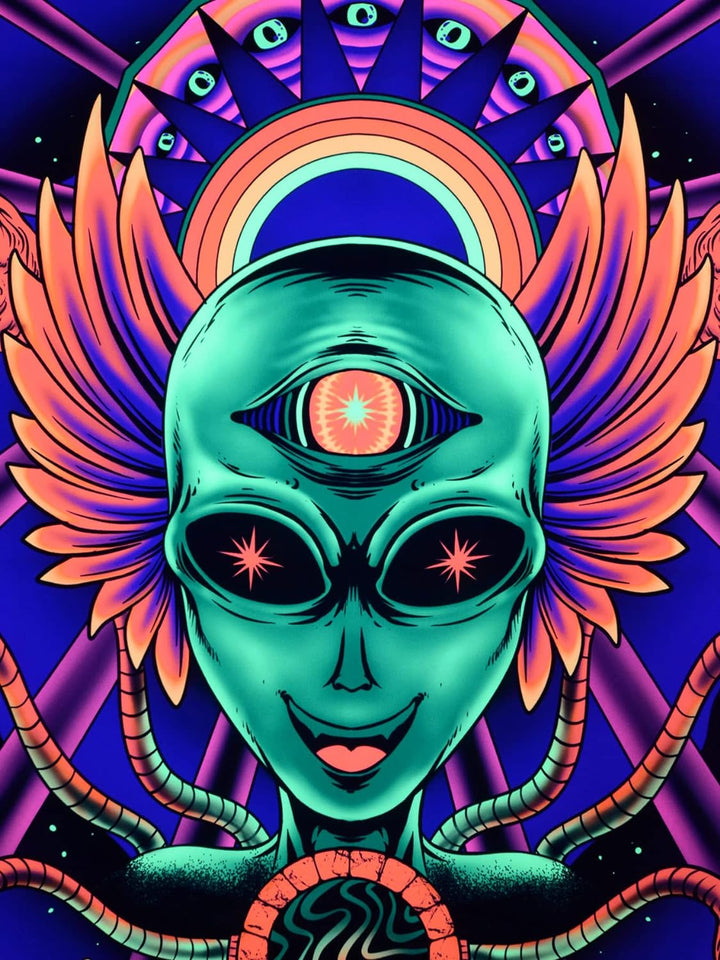 PSYWORK Schwarzlicht Stoffposter Neon | Alien Godness | 1,0 x 1,5m | UV-aktiv | fluoreszierend | Wan