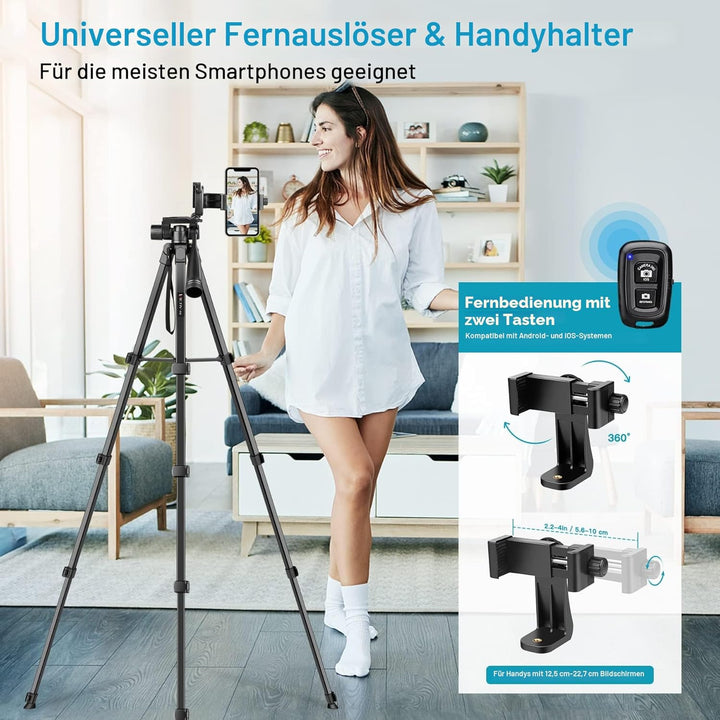 Victiv Neues Kamera Handy Stativ, 172cm Tragbares Camera Tripod, Aluminium Dreibein Stativ mit Abneh