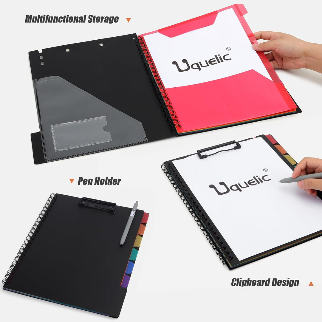 Uquelic 2 Stück Klemmbrett-Ordner aus Kunststoff, A4, Spiral-Folio-Ordner mit 6 doppelseitigen Halbt