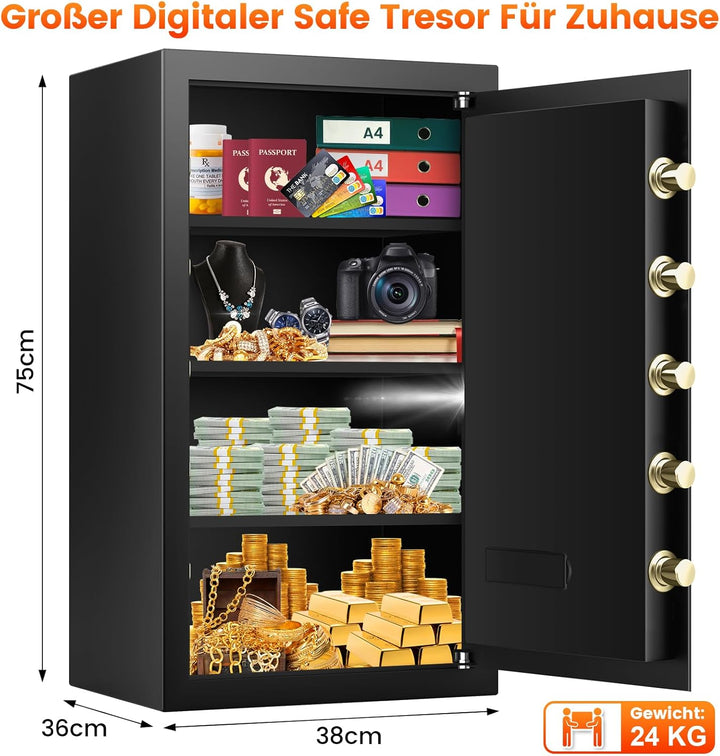 Extra Grosser Safe Tresor Feuerfest mit Feuerfeste Dokumententasche&3 Herausnehmbares Regal, 102L Ro